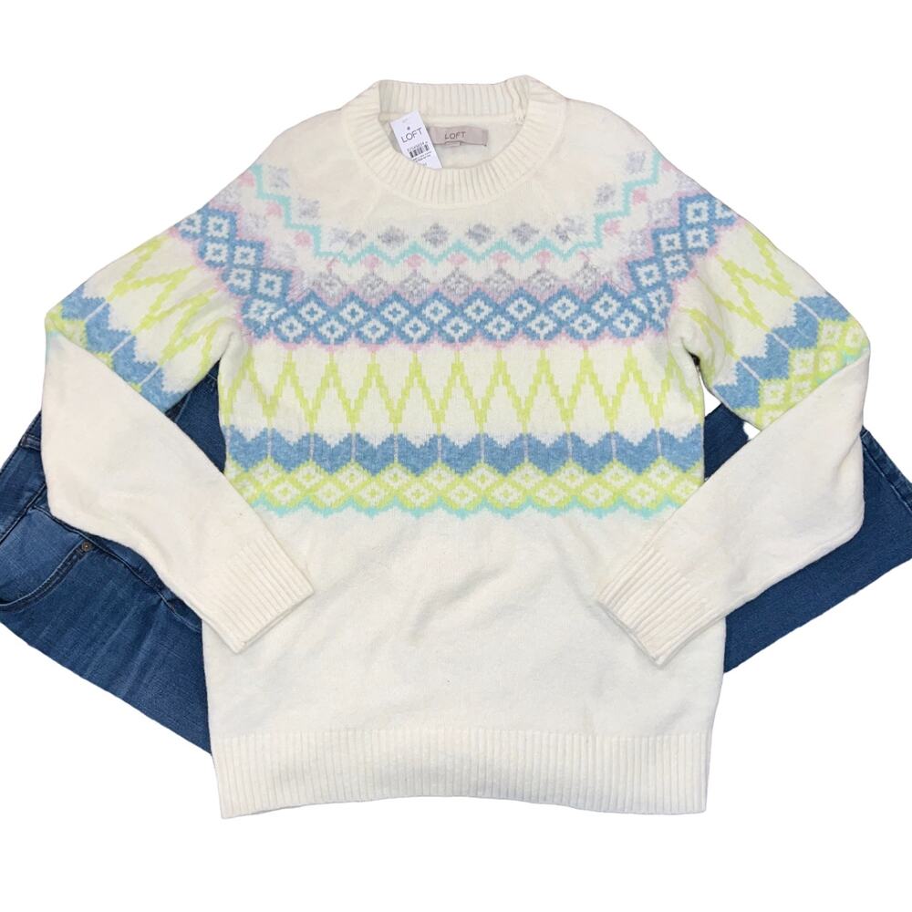 NWT LOFT Whisper White & Pastels Fair Isle Relaxed Sweater